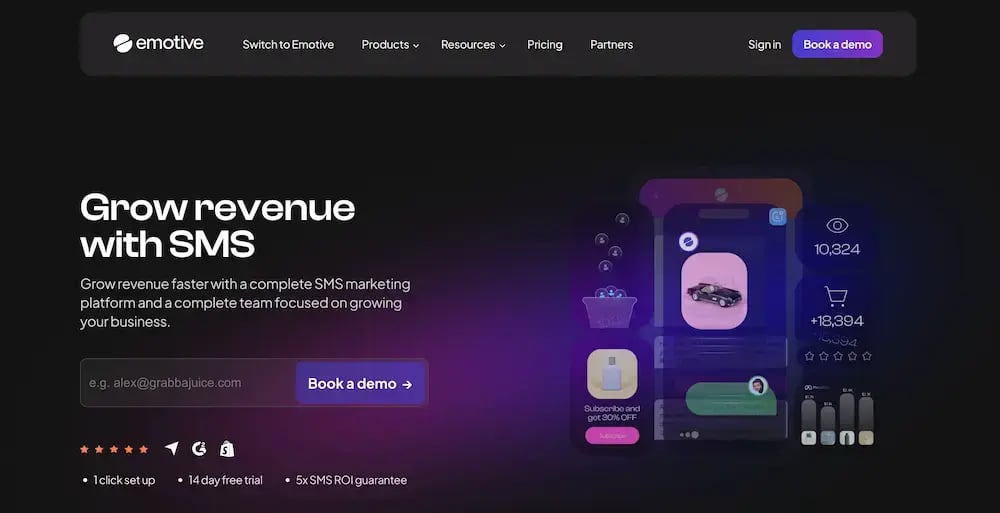 Emotive SMS marketing platform home page screenshot.