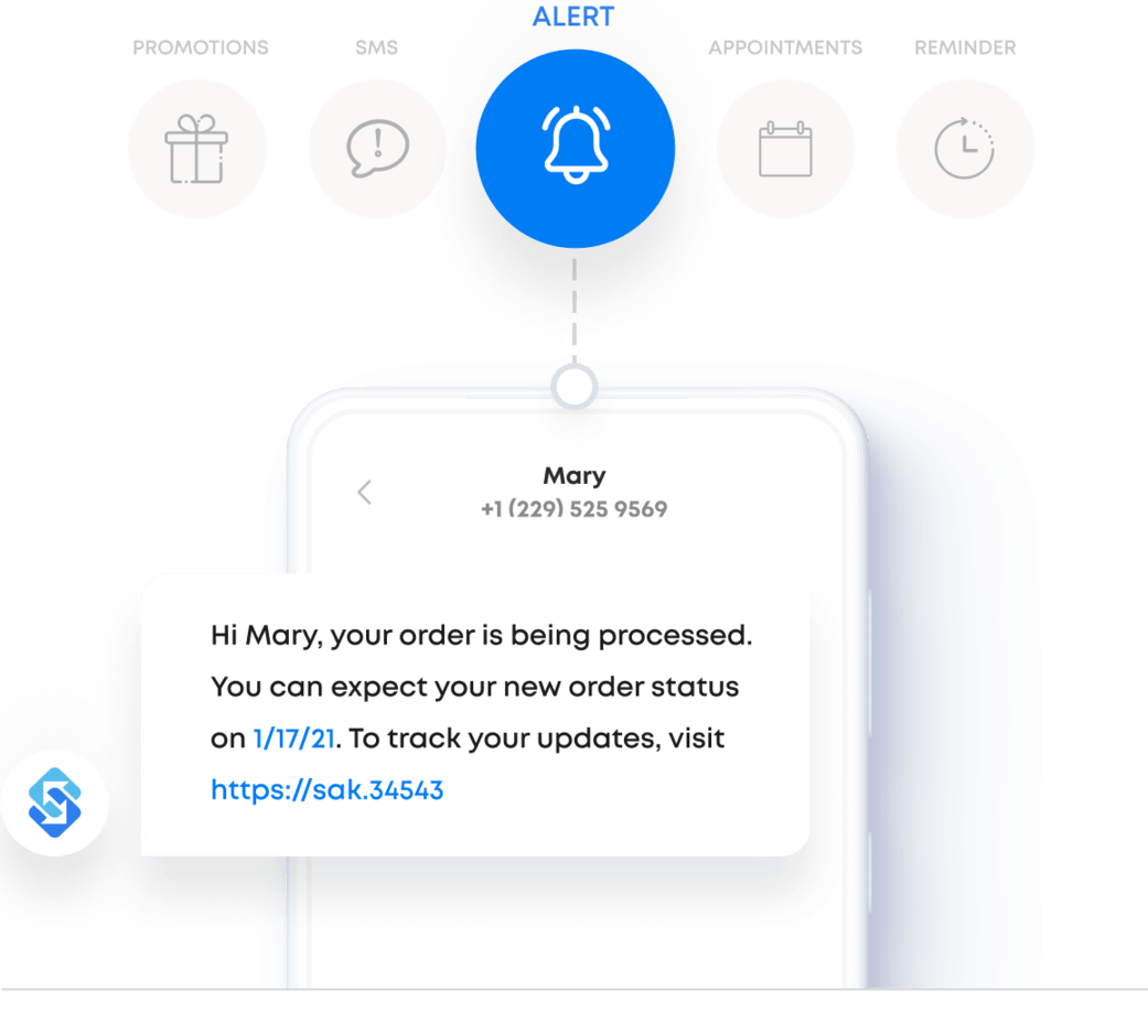 Example of Sakari's SMS online text options with a rich message link.