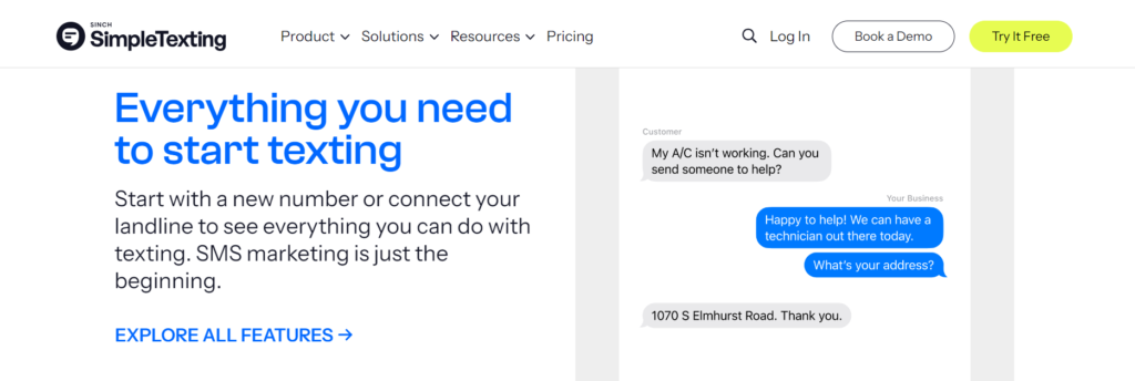 simple texting website screenshot with white background with blue text everything you need to start texting